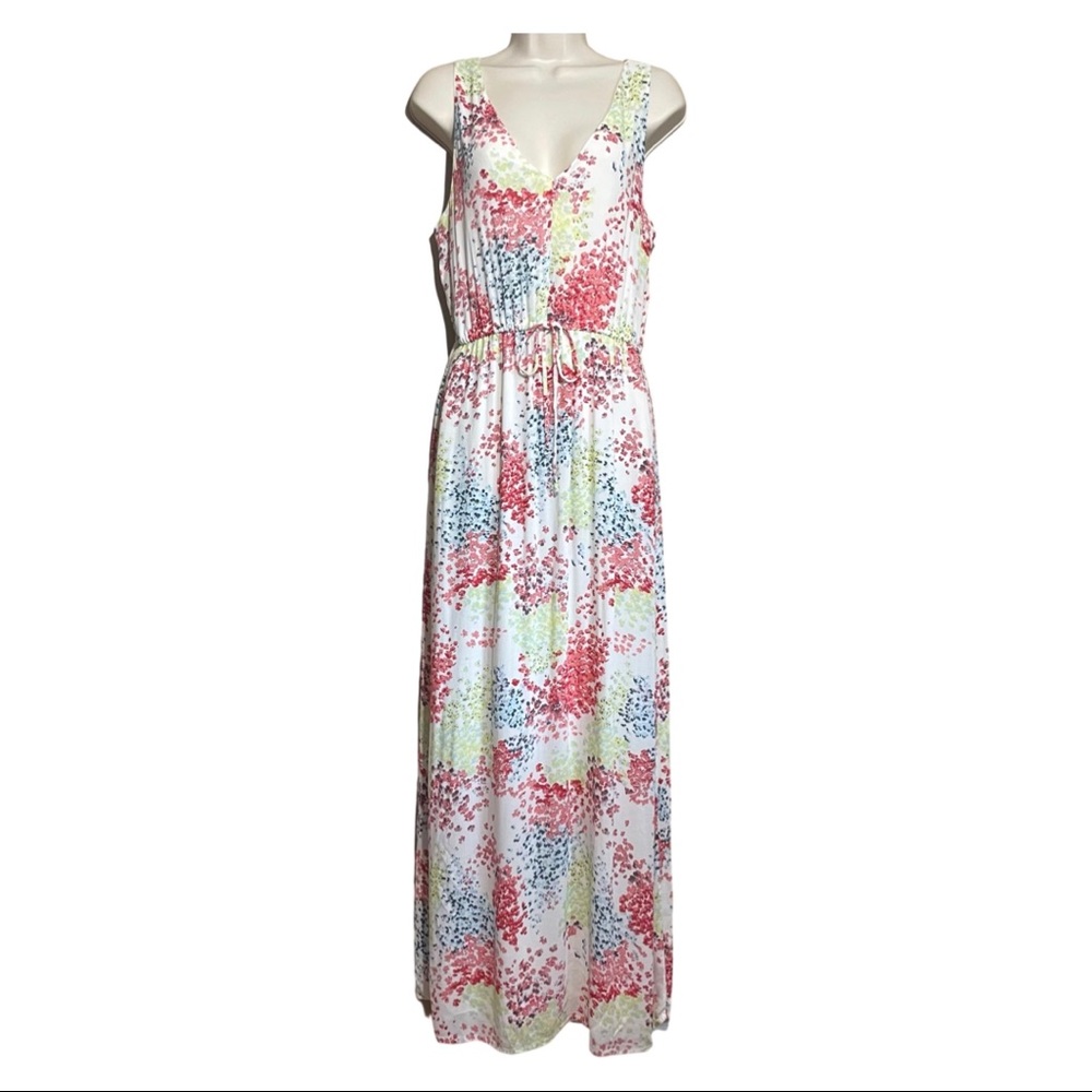 Lucky Brand Women White Floral Maxi Dress Tie Waist Sleeveless Pockets Sz M